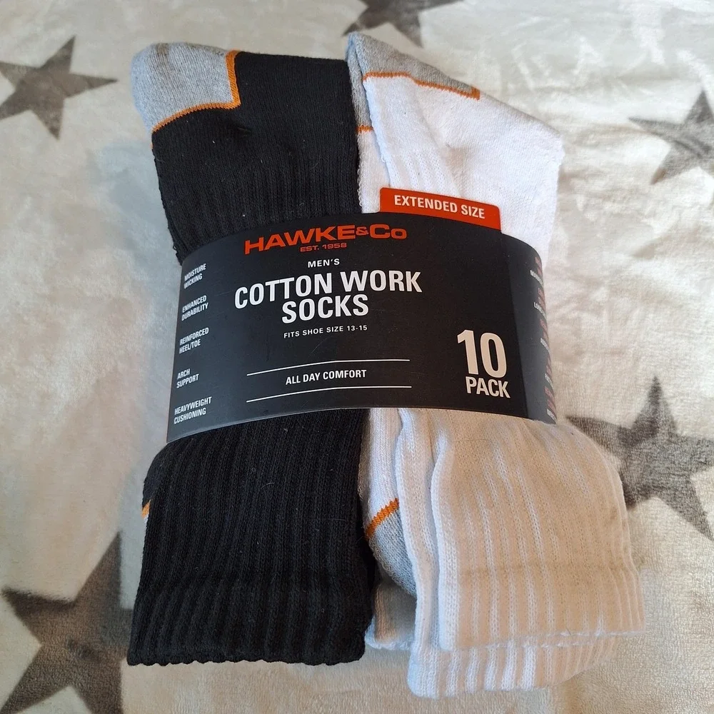 Hawke & Co 10 Pair Extended Sz Men's 13-15 Cotton Blend Work Socks Arch Support